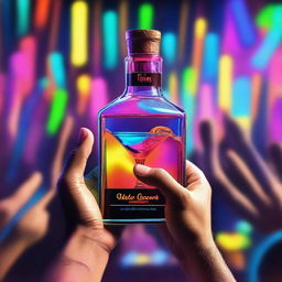 A 3D art music album cover featuring a hand holding a full glass with colorful liquor being served out of a bottle