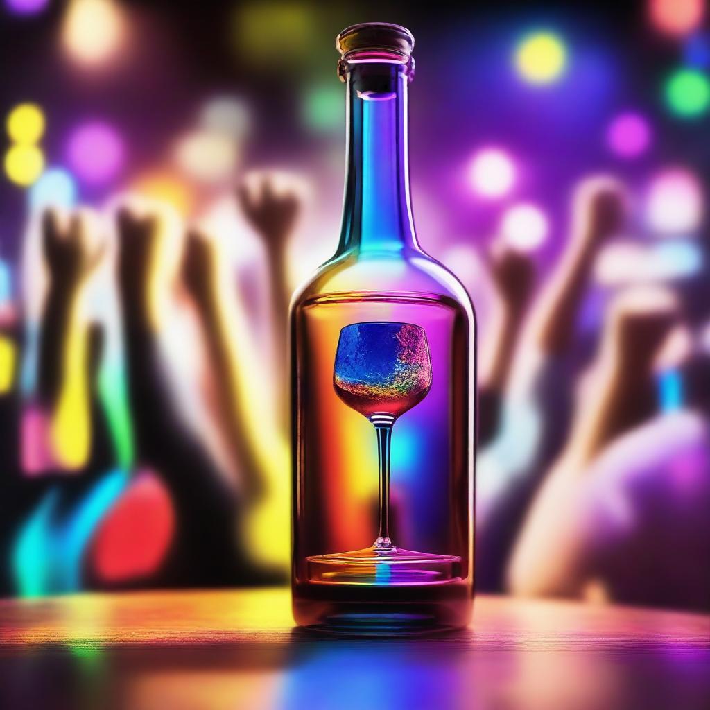 A 3D art music album cover featuring a hand holding a full glass with colorful liquor being served out of a bottle