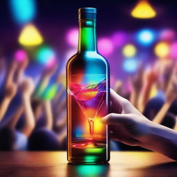 A 3D art music album cover featuring a hand holding a full glass with colorful liquor being served out of a bottle