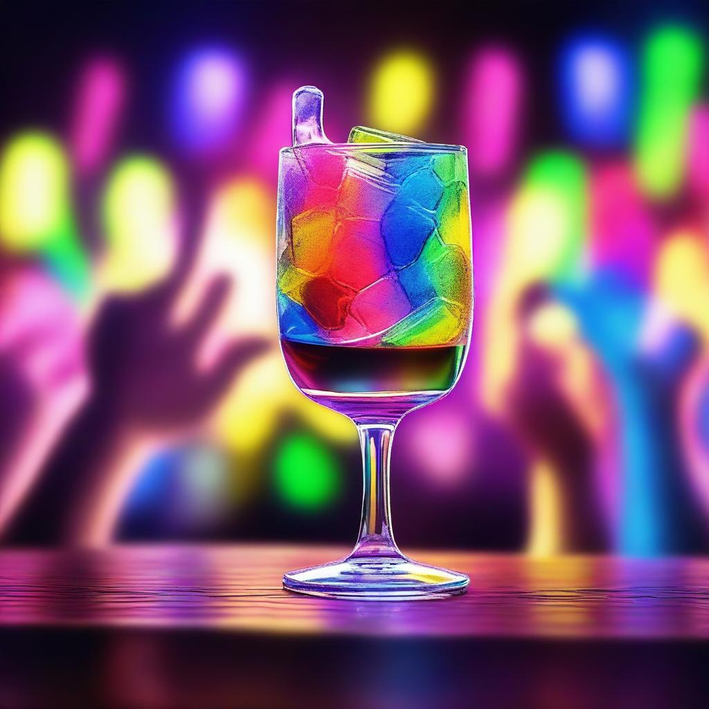 A 3D art music album cover featuring a hand holding a full glass with colorful liquor, raised up to cheer