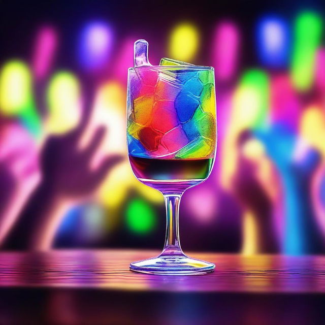 A 3D art music album cover featuring a hand holding a full glass with colorful liquor, raised up to cheer