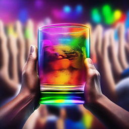 A 3D art music album cover featuring a hand holding a full glass with colorful liquor, raised up to cheer