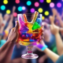 A 3D art music album cover featuring a hand holding a full glass with colorful liquor, raised up to cheer