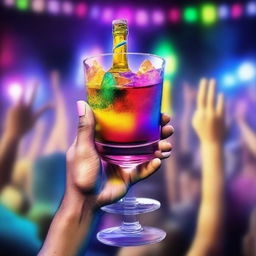 A 3D art music album cover featuring a hand holding a full glass with colorful liquor, raised up to cheer