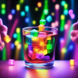 A 3D art music album cover featuring a hand holding a full glass with colorful liquor and glow-in-the-dark cubes, raised up to cheer