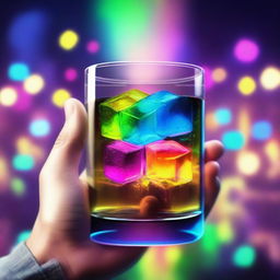 A 3D art music album cover featuring a hand holding a full glass with colorful liquor and glow-in-the-dark cubes, raised up to cheer