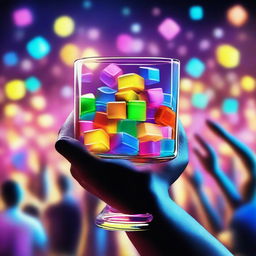 A 3D art music album cover featuring a hand holding a full glass with colorful liquor and glow-in-the-dark cubes, raised up to cheer