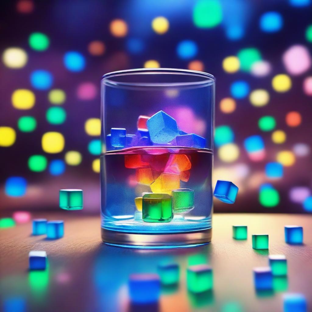 A 3D art music album cover featuring a hand holding a full glass with colored liquor and blue glow-in-the-dark cubes, raised up to cheer