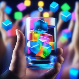 A 3D art music album cover featuring a hand holding a full glass with colored liquor and blue glow-in-the-dark cubes, raised up to cheer