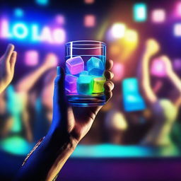 A 3D art music album cover featuring a hand holding a full glass with colored liquor and blue glow-in-the-dark cubes, raised up to cheer