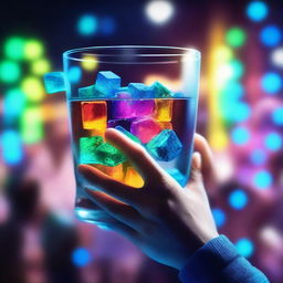 A 3D art music album cover featuring a hand holding a full glass with colored liquor and blue glow-in-the-dark cubes, raised up to cheer