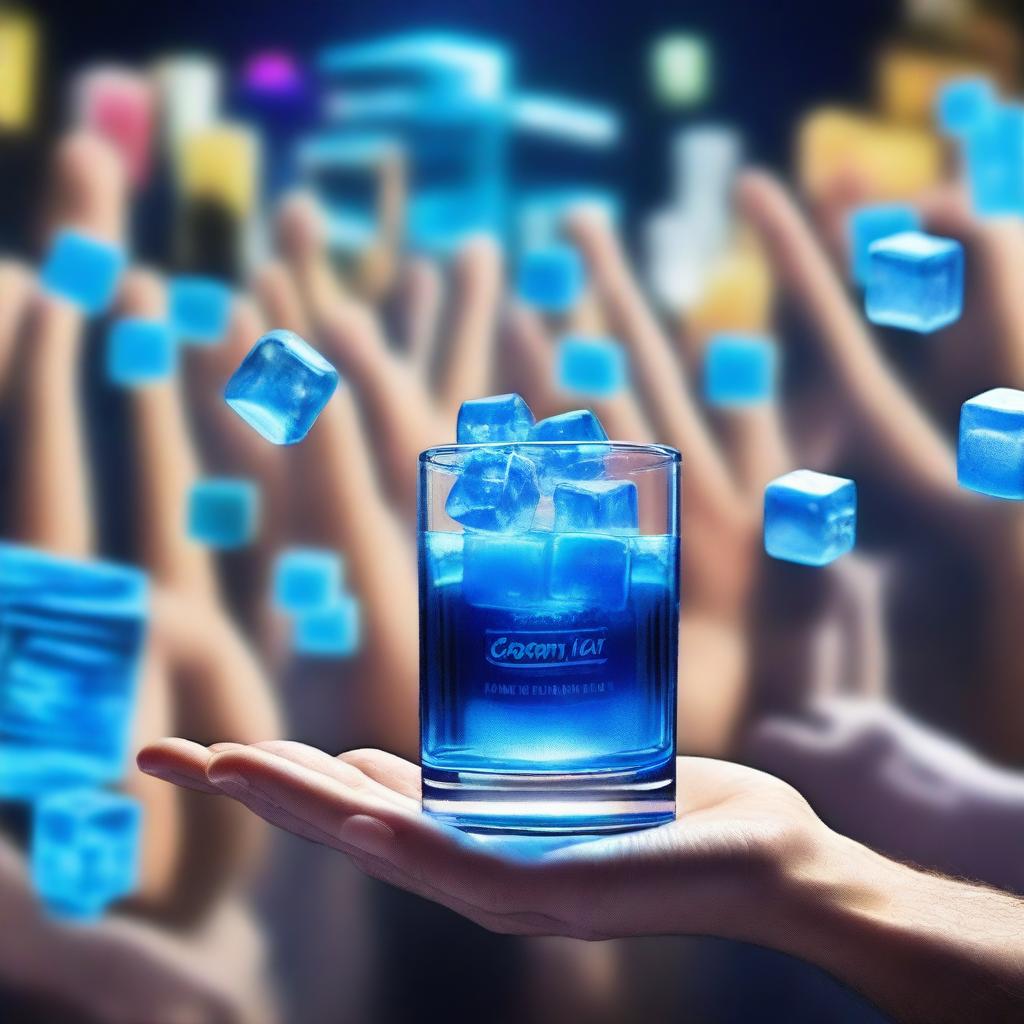 A 3D art music album cover featuring a hand holding a full glass with glow-in-the-dark liquor and blue cubes, raised up to cheer