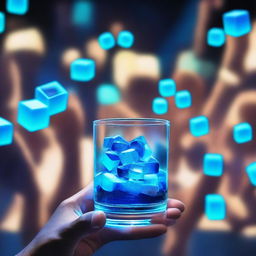 A 3D art music album cover featuring a hand holding a full glass with glow-in-the-dark liquor and blue cubes, raised up to cheer