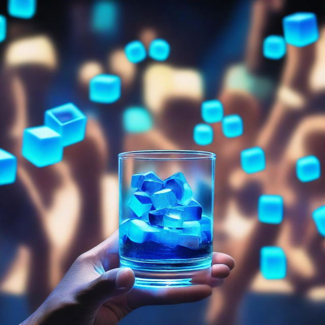 A 3D art music album cover featuring a hand holding a full glass with glow-in-the-dark liquor and blue cubes, raised up to cheer