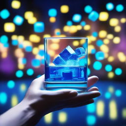 A 3D art music album cover featuring a hand holding a full glass with glow-in-the-dark liquor and blue cubes, raised up to cheer