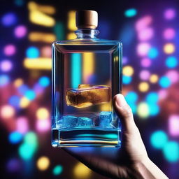 A 3D art music album cover featuring a hand holding a full glass with glow-in-the-dark liquor and blue cubes, raised up to cheer