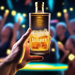 A 3D art music album cover featuring a hand holding a full glass with glow-in-the-dark gold-brown gin liquor and cubes, raised up to cheer