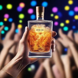 A 3D art music album cover featuring a hand holding a full glass with glow-in-the-dark gold-brown gin liquor and cubes, raised up to cheer