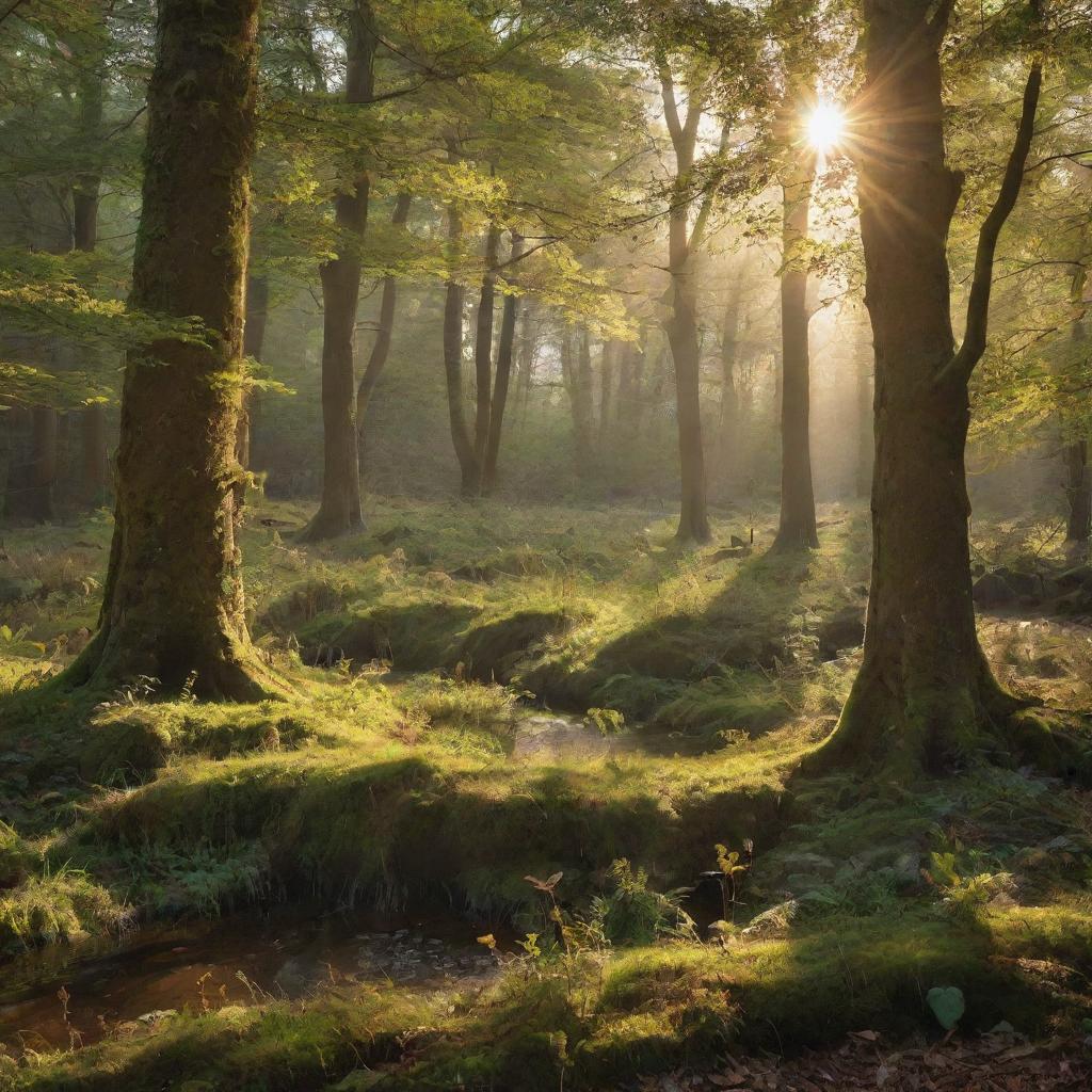 Generate an enchanting scene of a hidden forest glade bathed in golden sunlight, with wildlife along the woodland edge.