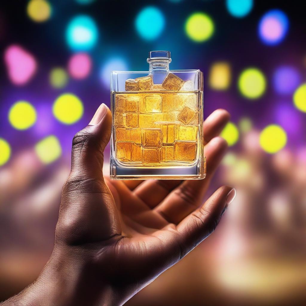 A 3D art music album cover featuring a hand holding a full glass with glow-in-the-dark gold-brown gin liquor and cubes, raised up to cheer