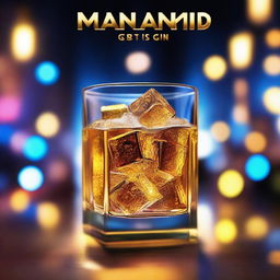 A 3D art music album cover featuring a hand holding a full glass with glow-in-the-dark gold-brown gin liquor and cubes, raised up to cheer