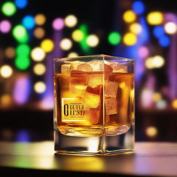 A 3D art music album cover featuring a full glass with glow-in-the-dark gold-brown gin liquor and cubes, raised up to cheer