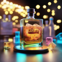 A 3D art music album cover featuring a full glass with glow-in-the-dark gold-brown gin liquor and cubes, raised up to cheer