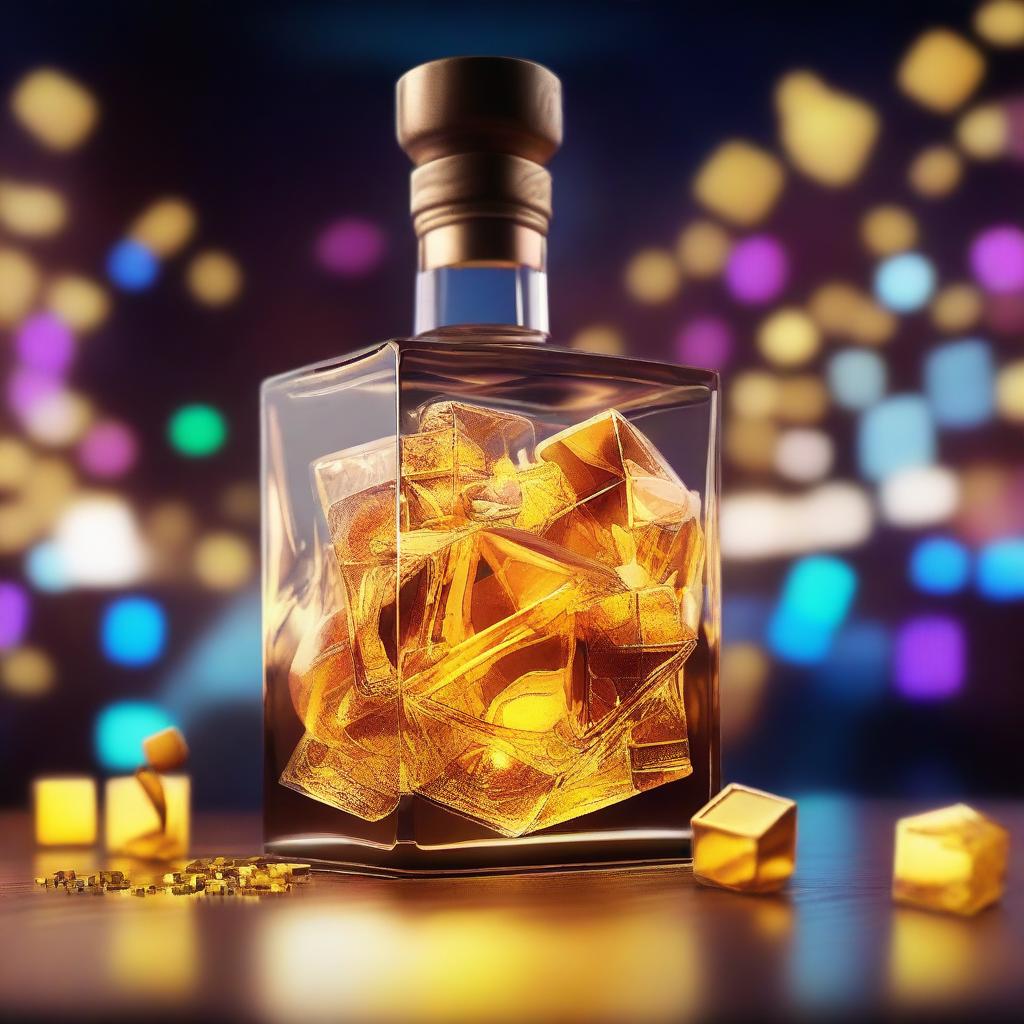 A 3D art music album cover featuring a full glass with glow-in-the-dark gold-brown gin liquor and cubes, raised up to cheer