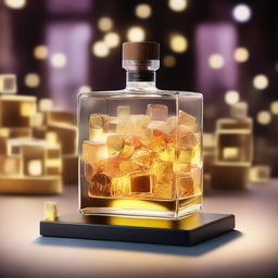 A 3D art music album cover featuring a full glass with glow-in-the-dark gold-brown gin liquor and cubes, raised up to cheer