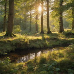 Generate an enchanting scene of a hidden forest glade bathed in golden sunlight, with wildlife along the woodland edge.