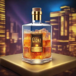 A 3D art music album cover featuring a full glass with glow-in-the-dark gold-brown liquor and cubes, raised up to cheer