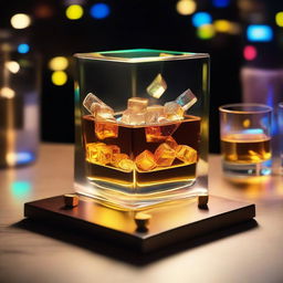 A 3D art music album cover featuring a full glass with glow-in-the-dark gold-brown liquor and cubes, raised up to cheer