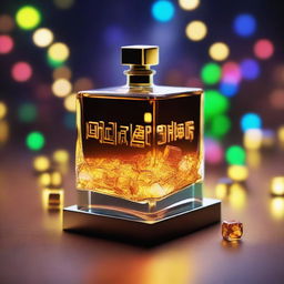 A 3D art music album cover featuring a full glass with glow-in-the-dark gold-brown liquor and cubes, raised up to cheer