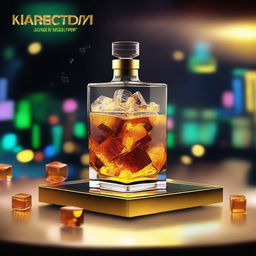 A 3D art music album cover featuring a full glass with glow-in-the-dark gold-brown liquor and cubes, raised up to cheer