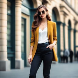 A stylish and confident young woman with a slim build, dressed in trendy and fashionable attire