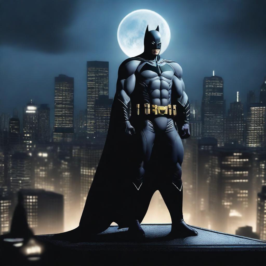 A dramatic and intense image of Batman standing on a rooftop at night, with the cityscape of Gotham in the background