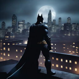 A dramatic and intense image of Batman standing on a rooftop at night, with the cityscape of Gotham in the background