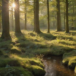 Generate an enchanting scene of a hidden forest glade bathed in golden sunlight, with wildlife along the woodland edge.