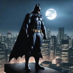 A dramatic and intense image of Batman standing on a rooftop at night, with the cityscape of Gotham in the background