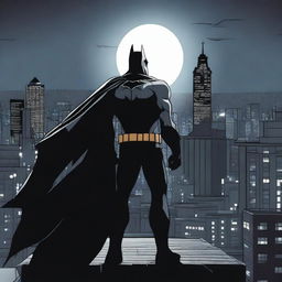 A dramatic and intense image of Batman standing on a rooftop at night, with the cityscape of Gotham in the background