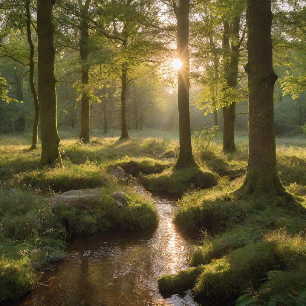 Generate an enchanting scene of a hidden forest glade bathed in golden sunlight, with wildlife along the woodland edge.