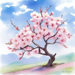 A beautiful watercolor painting of a cherry blossom tree in full bloom