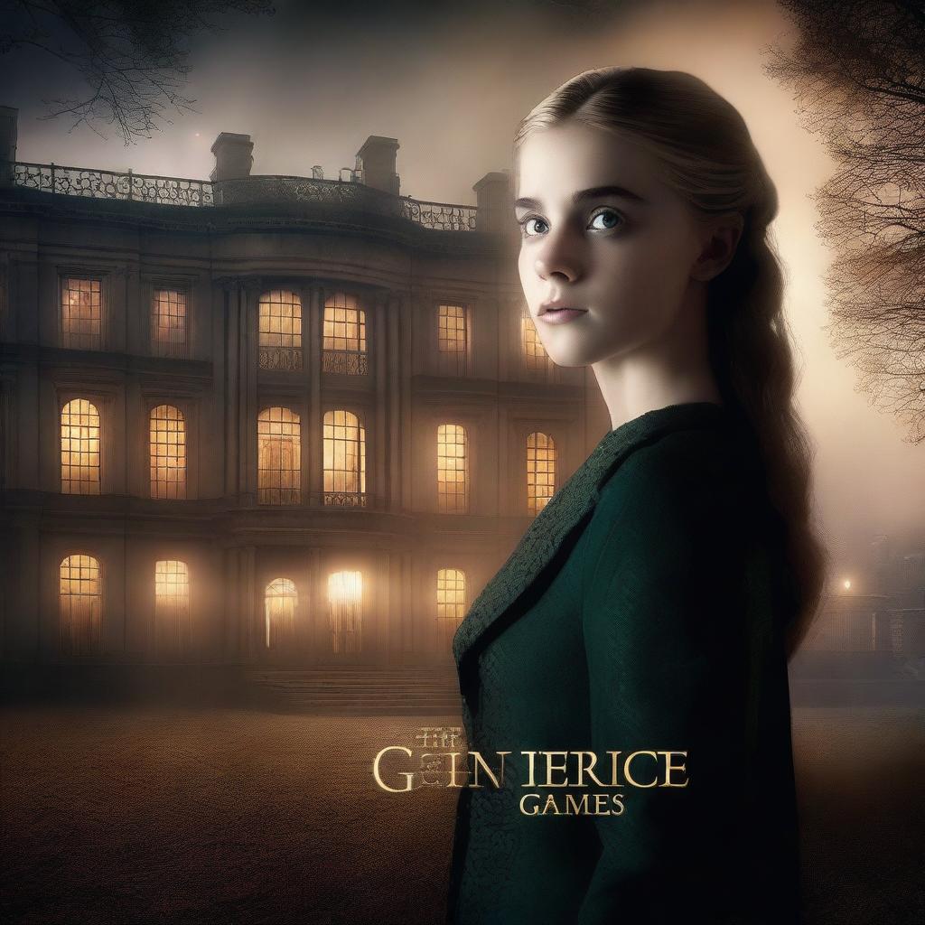 A movie poster for 'The Inheritance Games' featuring a grand, luxurious mansion in the background, shrouded in mist