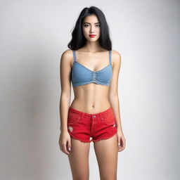 A young woman wearing ripped denim shorts and a red bra, standing confidently