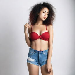 A young woman wearing ripped denim shorts and a red bra, standing confidently