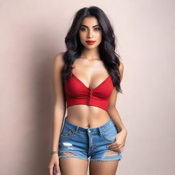 A young woman with a slim waist wearing ripped denim shorts and a red bra, showcasing ultra cleavage