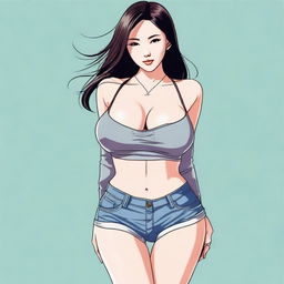 A depiction of an attractive Asian girl with a slim waist and large breasts