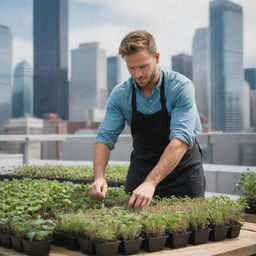 An urban farmer diligently cultivating a flourishing microgreens garden on a city rooftop farm, surrounded by towering skyscrapers.