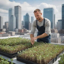 An urban farmer diligently cultivating a flourishing microgreens garden on a city rooftop farm, surrounded by towering skyscrapers.