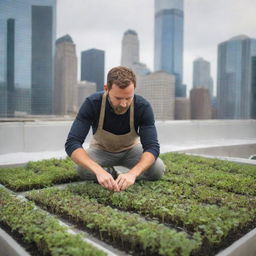 An urban farmer diligently cultivating a flourishing microgreens garden on a city rooftop farm, surrounded by towering skyscrapers.